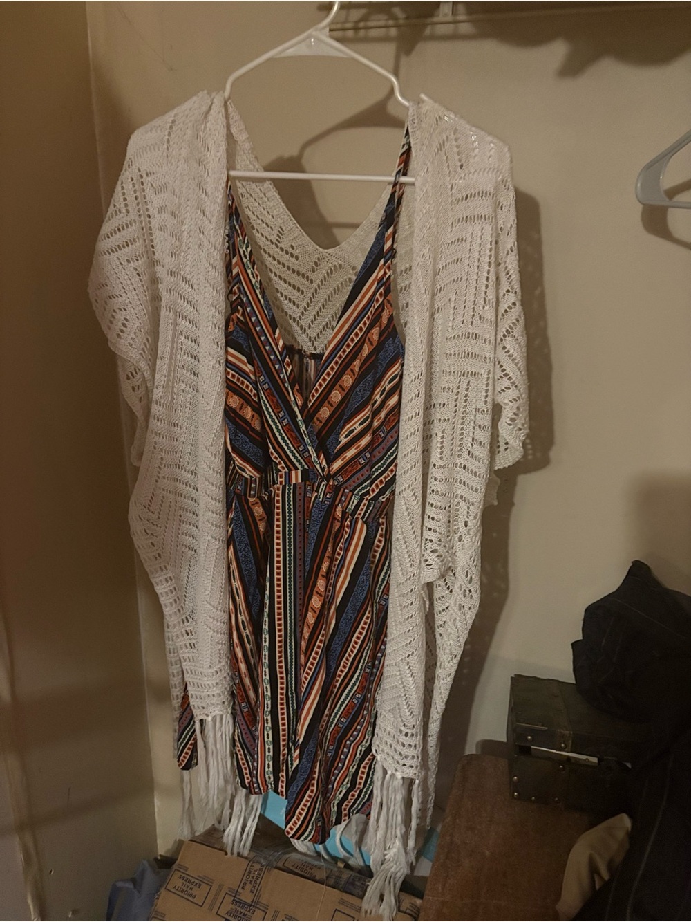 Striped Boho Romper with White Crochet Kimono